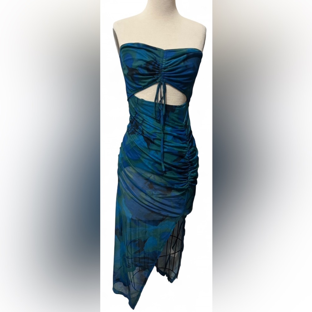 Floerns Blue Green Mesh Ruched Cutout Midi Dress Women’s M Strapless
